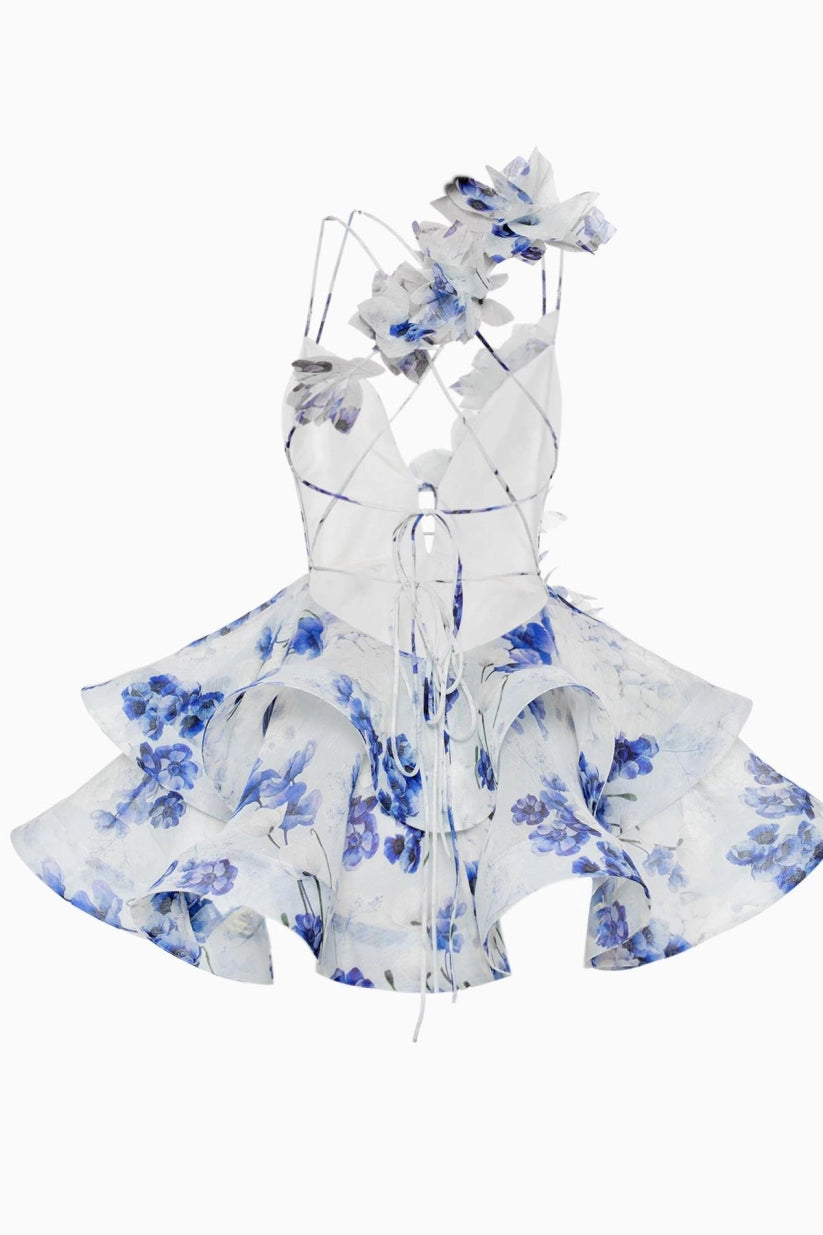 Chiffon minikjole med 3D-blomster og flæser