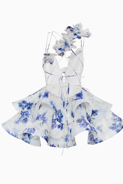 Chiffon minikjole med 3D-blomster og flæser