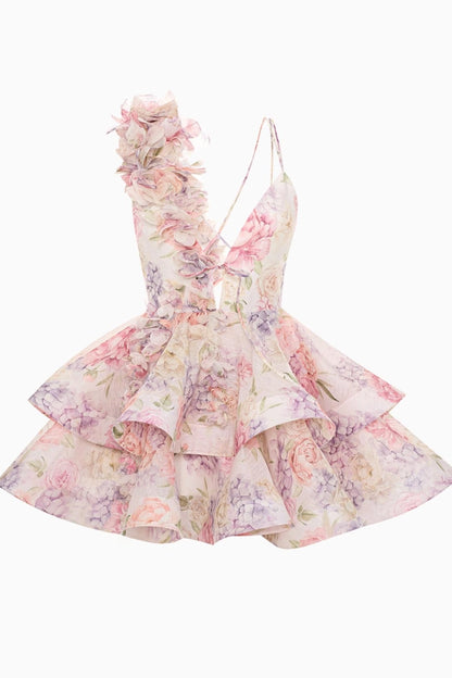 Chiffon minikjole med 3D-blomster og flæser